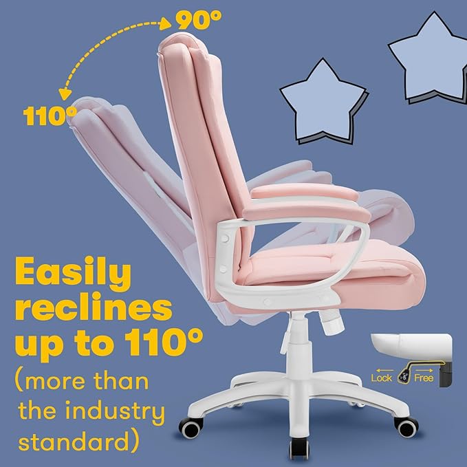 OFIKA Home Office Chair, Ergonomic Desk Chair, Adjustable Task Chair for Lumbar Back Support, Computer Chair with Rolling Swivel and Armrest, Modern Executive High Back Leather Chairs (Pink)