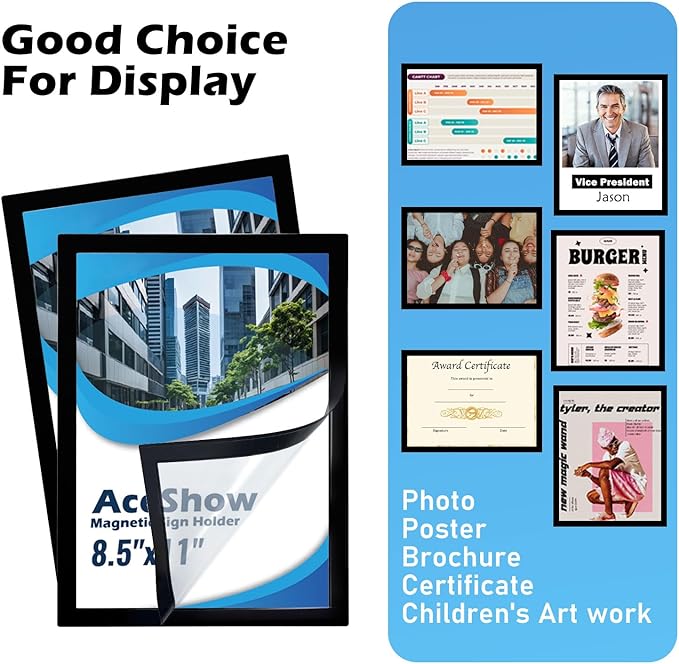 Magnetic Sign Holder - 8.5×11" Wall Mounted Self-Adhesive Magnetic Paper Holder,Transparent Wall Display Frame with Black Edge,Suitable for Office, Store, Mall, Home (8.5"x11" 12pack)
