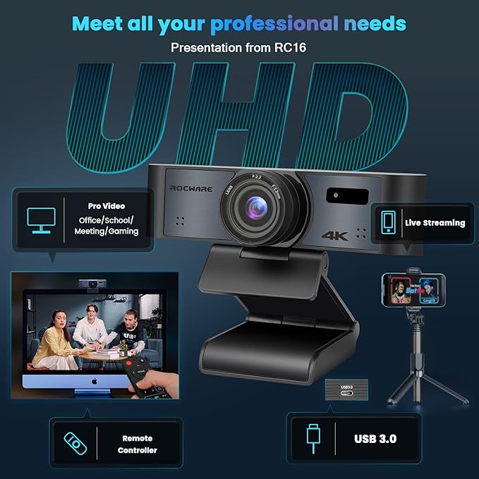 ROCWARE 4K Webcam with Remote, RC16 Computer Camera with Microphone,1080p 60fps FHD,AI Tracking,Privacy Cover, WDR,110°FOV,8X Digital Zoom,Streaming Camera for PC/Meeting/Teaching/Zoom