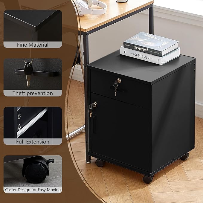 TUKAILAi Mobile File Cabinet with Lockable Drawer & Door, Under Desk Rolling Filing Cabinet with 4 Wheels, Wooden Stationery Storage Cabinet for Home Office (Black)