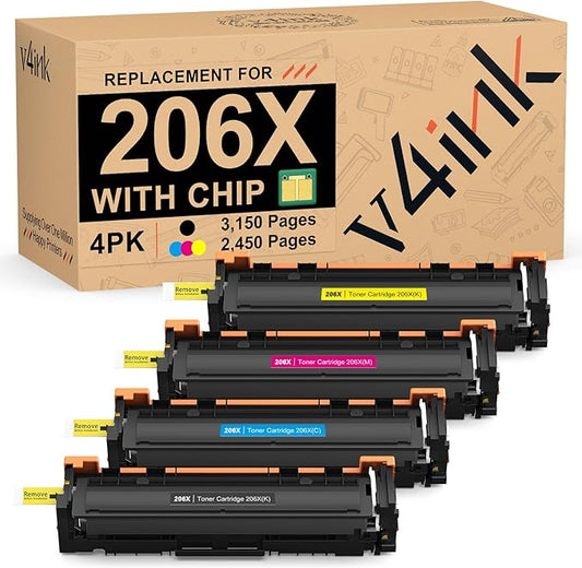 v4ink 206X 206A Toner Cartridge 4 Pack High Yield (Latest Upgraded Chip) Compatible Replacement for HP 206X W2110X W2111X W2112X W2113X use with Color Pro M255dw MFP M283fdw M283cdw M282nw Pirnter