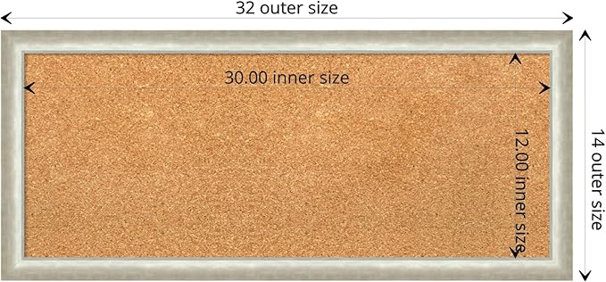 Amanti Art Natural Cork Board for Wall, 14x32 Vision Board with Silver Wood Frame, Medium Corkboard Office Decor for Home Organization, Modern Contemporary Corkboard Pinboard to display items for home
