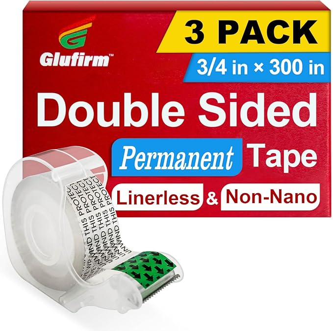 Double Sided Tape for Gift Wrapping with Dispenser, 3/4 in x 300 in, Double Stick Tape 3 Pack, Christmas Wrapping Paper Tape, Linerless, Office and School Supplies