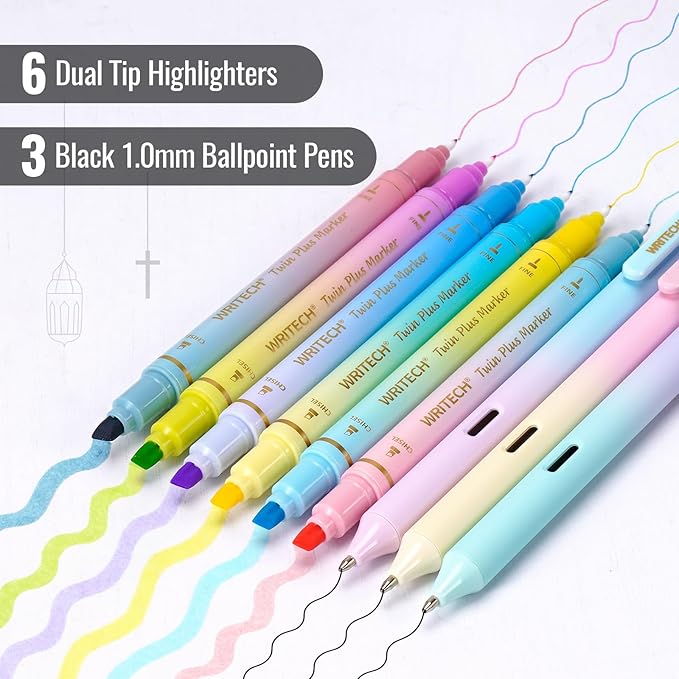 WRITECH Bible Mate Journaling Set: No Bleed Aesthetic Highlighters & 1.0 mm Black Ballpoint Pens, Bible Safe Dual Tip Highlighters, Pastel Colors, Fast-drying Ink, Journaling Kit, 9ct