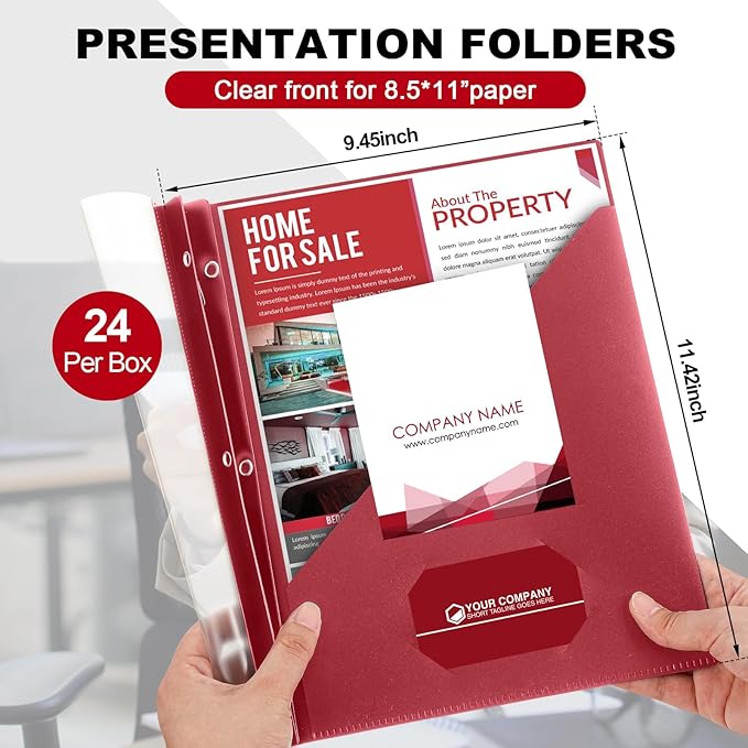 Teling 24 Pcs Clear Report Cover with 3 Prongs, Plastic Report Presentation Folders 90 Sheet Capacity Resume Document Covers for School Office(Dark Red)