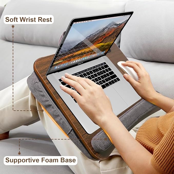 Portable Lap Desk for Laptop with Cushion, Storage Bag Fits Up to 15.6 Inch Laptop, Adults with Ipad/Phone&Pillow Holder for Home Office Bed Couch - Walnut Color