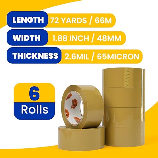 TAPEBEAR Low Noise Brown Packing Tape 72 Yards Extra Length, 1.88Inch-Wide Packaging Tape Refills, Secure Sticky Brown Tape 2.6Mil Heavy Duty for Moving, Shipping, Sealing, 6Rolls Total 432Yards