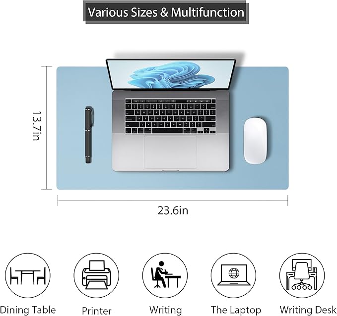 Leather Desk Pad Protector, Mouse Pad, Non-slip Computer Mat for Desk, PU Leather Office Desk Mat for Home & office, Waterproof Laptop Desk Blotter Pad for Keyboard and Mouse, Sky Blue (13.7''X23.6'')