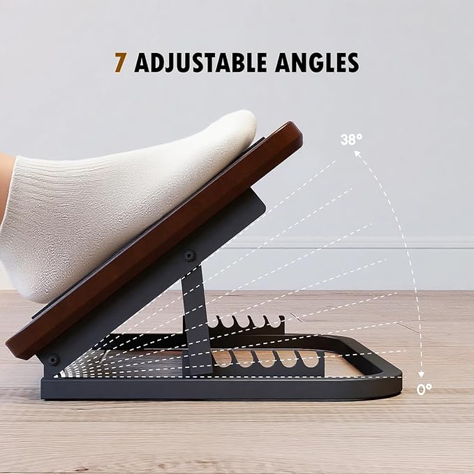 Foot Rest for Under Desk at Work, Ergonomic Wooden Desk Foot Rest with 7 Adjustable Angles, Anti-Slip Footrest Comfortable Foot Stools for Office Leg Rest, No Assembly