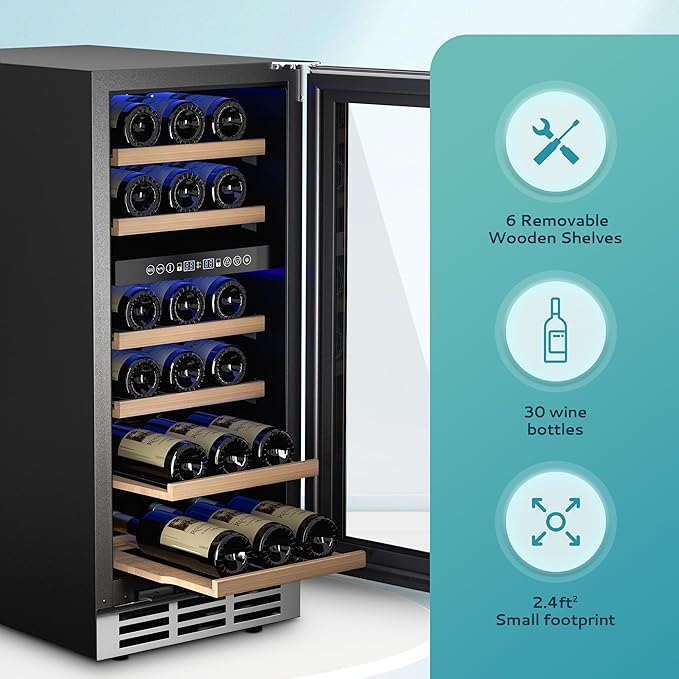 EUHOMY 15 Inch Wine Fridge, Dual Zone Wine Chiller with Digital Temperature Control, Wine Cooler Upgraded Compressor Fits Low Noise, Wine Storage with Double-Layer Glass Door, 33 Bottles.