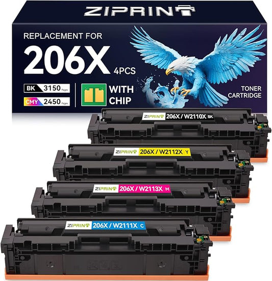 ZIPRINT 206X Toner Cartridges 4 Pack High Yield Compatible Replacement for HP 206X 206A for Color Laserjet Pro MFP M283fdw M283cdw M283fdn Pro M255dw M255nw M283 M255 Printer W2110A W2110X (with Chip)