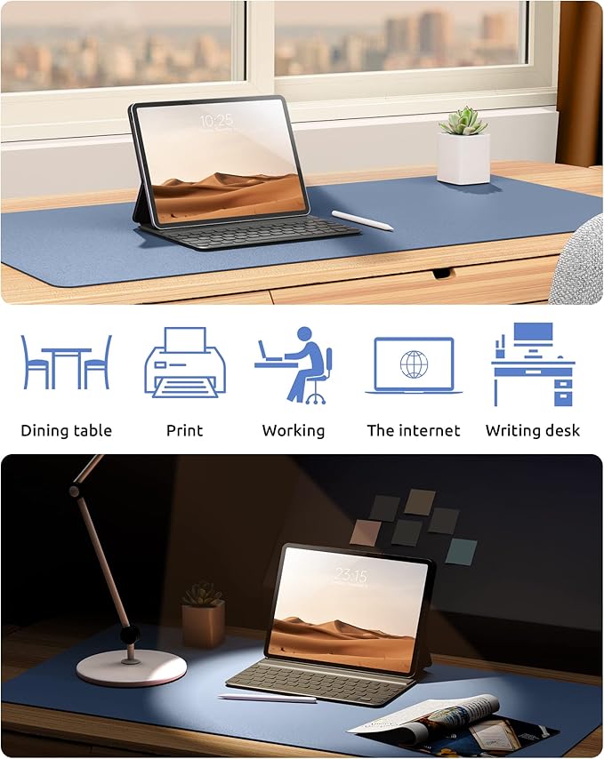 YSAGi Leather Desk Protector, Office Mat, Large Mouse Pad, Non-Slip PU Leather Blotter, Laptop Desk, Waterproof Writing Pad for Office and Home (Blue, 31.5" x 15.8")