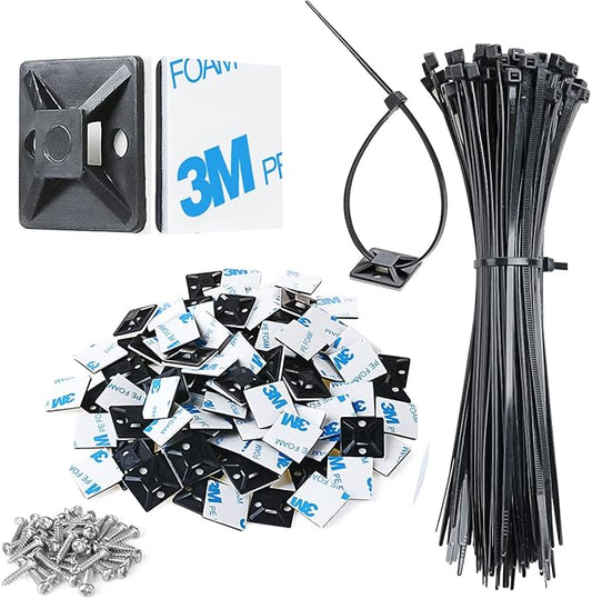 XHF 3/4" Strong Back-Glue Self Adhesive Black Cable Zip Tie Mounts 100pcs with 8" Zip Ties, Screws, UV Protection Outdoor Sticky Wire Fasteners Cable Clips Management Anchors Organizer Holders Squares