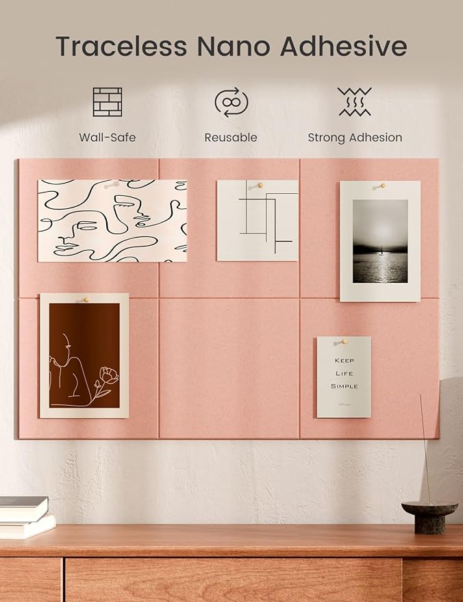 Bumusty Large Cork Board 36"x24" Alternative - 6 Pack Felt Wall Tiles with 40 Safe Removable Adhesive Tabs, 30 Pushpins, Cork Boards for Walls Pin Board Bulletin Board Office Decor (Pink)