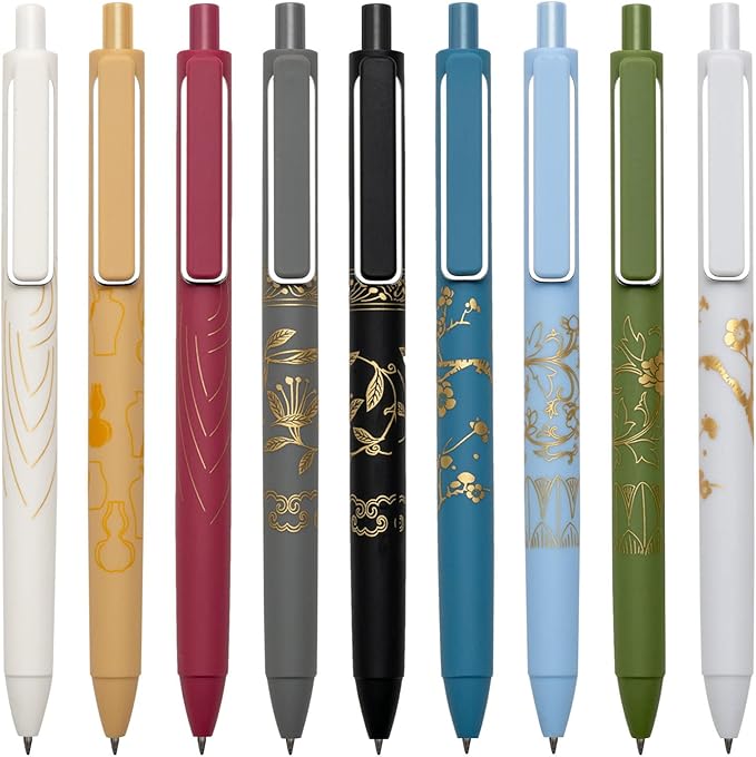 MiSiBao 0.7mm Black Ink Gel Pens Refillable & Retractable Gel Ink Rolling Ball Pens Gilding Process Pattern Smooth Writing Gel Pen (9-pack)