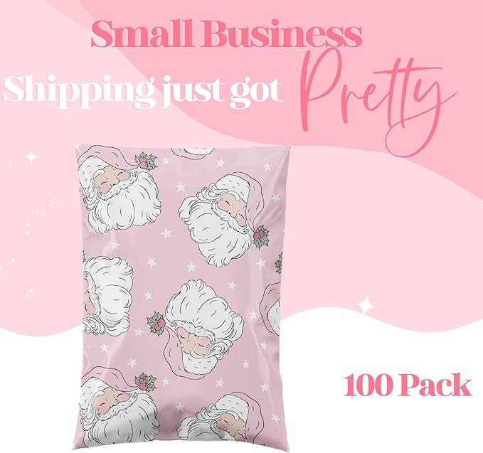 6x9 Designer Christmas Holiday Poly Mailers 100 Pack Heavy Duty Waterproof Self Seal Shipping Bags Large Mailing Envelopes Bulk Tear Resistant Cute Packaging Pink Santa