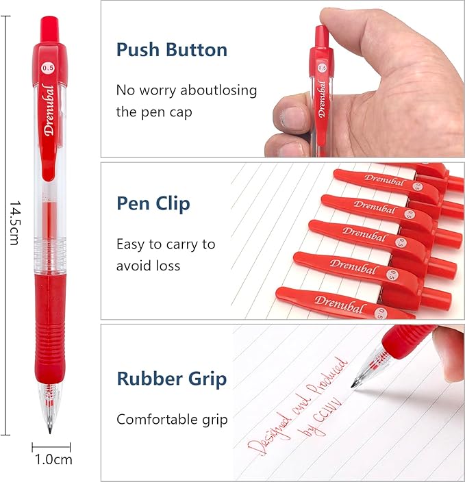 Gel Pens 0.5mm - Red Ink, Quick-Drying, Comfort Grip Writing for School, Office, Exams - Gift Set for Students, Fine Point Ballpoint Pens 6-Pack