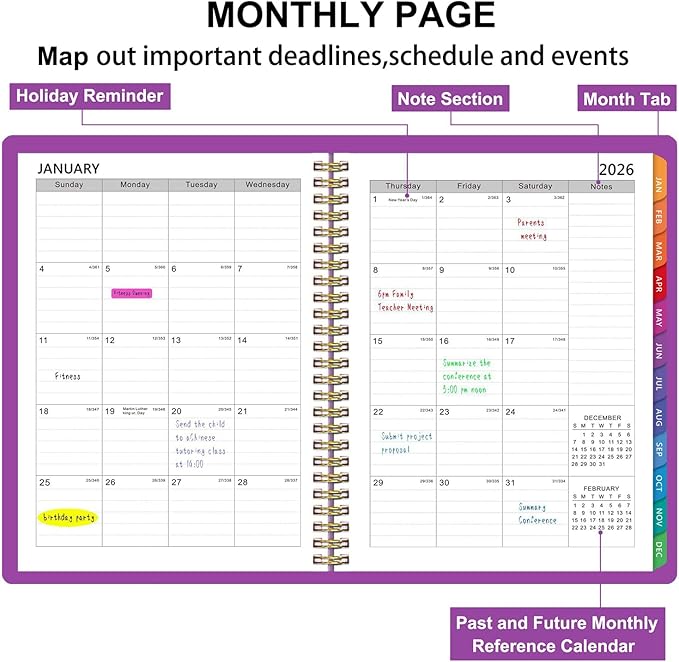 2026 Planner Weekly and Monthly, 2026 Academic Year (January 2026 - December 2026) Calendar wirh Tabs, Agenda Book for School Student, Teachers, Office Supplies,Home, 6" x 8.5" (Purple JAN2026-DEC2026)