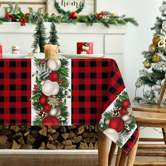 Horaldaily Christmas Tablecloth 60×120 Inch, Christmas Ball Ornaments Red Bufalo Plaid Washable Table Cover for Party Picnic Dinner Decor