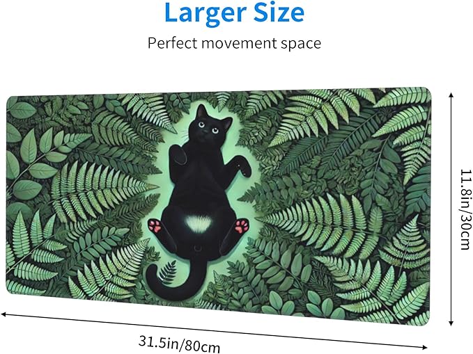 Green Plant Cat Desk Mat Large Gaming Mouse Pad Green Plant Cat Extended Mousepad Big in Laptop Computer Mouse Keyboard Mat for Office Desk Decor 31.5x12 in