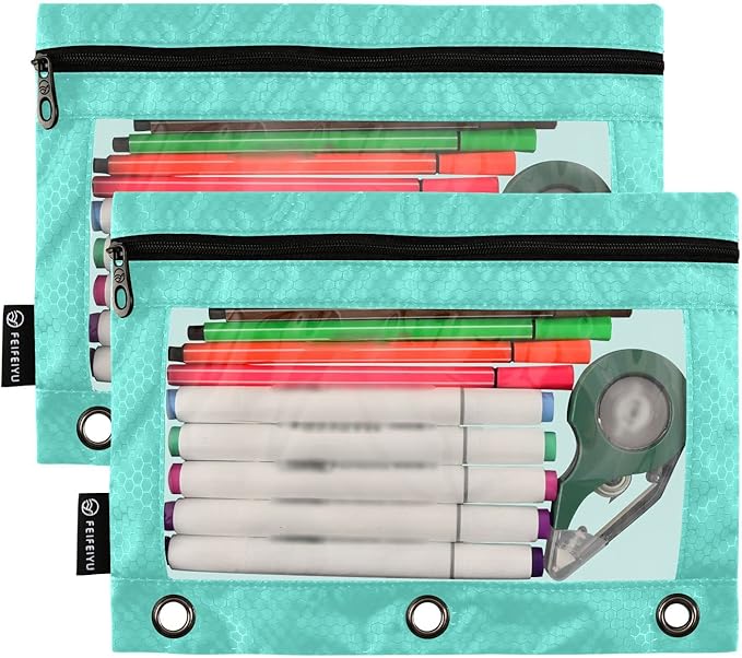 Gredecor Binder Pencil Pouch 3 Ring Turquiose Teal Zipper Pencil Pouches Case 2 Pack Clear Binder Organizer for School Office