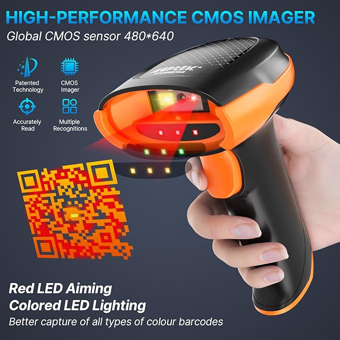 AGPTEK Bluetooth & 2.4GHz Wireless Barcode Scanner with Patented Color Light Technology for Color Barcodes, 2D/1D QR Code Reader, Customizable Settings & Wireless Charging Cradle