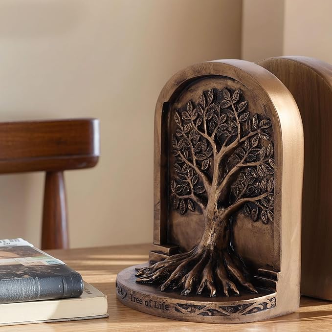 Vintage Bronze Finish Tree of Life Bookends Set, 2 Non-Skid Heavy Bookends for Shelves or Bookcase, Decorative Bookends for Desktop Shelf Decor, Library Office Decor, Home Décor Gift