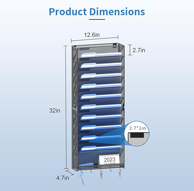 OUTWOLF Hanging Wall File Organizer with Hooks, 12 Tier Vertical Wall Mount File Holder, File Folder Wall Organizer for Office