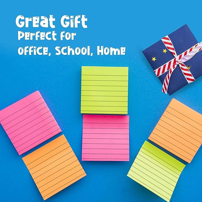 Lined Sticky Notes 3x3 Inch (24-Pack) – 2400 Sheets,100 Sheets per pad, Super Adhesive Ruled Sticky Note Pads in 8 Vibrant Colors for Office, School & Home Use