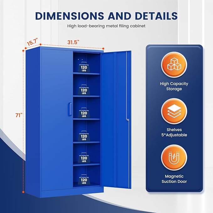 Yizosh Metal Garage Storage Cabinet with 2 Doors and 5 Adjustable Shelves - 71" Steel Lockable File Cabinet,Locking Tool Cabinets for Office,Home,Garage,Gym,School (Blue)
