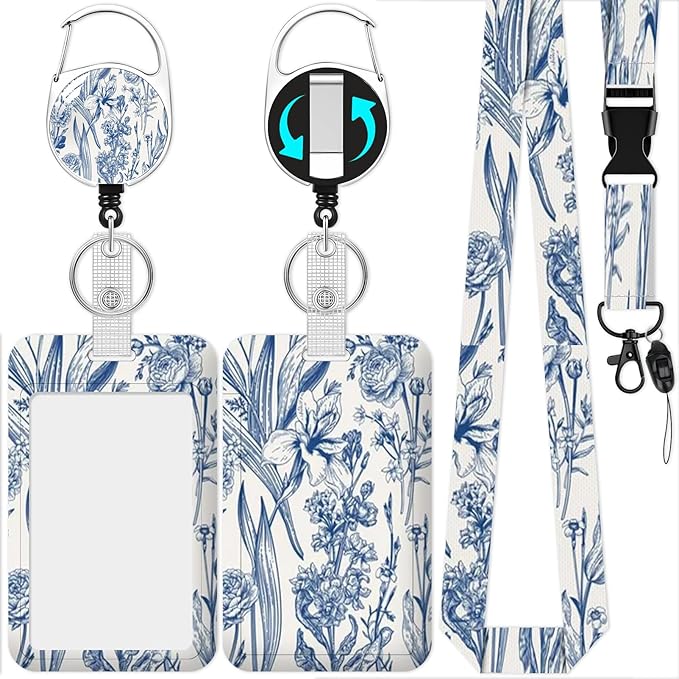 Blue Flower Badge Holder Reel Lanyard,ID Card Badge Holder Retractable Name Tag Clips for Doctor Nurse Teacher Office Student