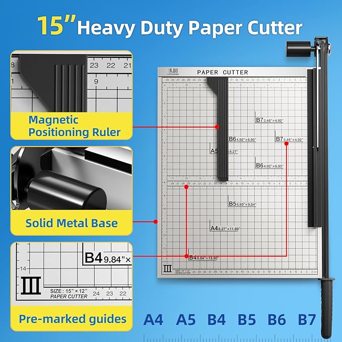 15 Inch B4 Guillotine Paper Cutter, Heavy Duty 10 Sheet Paper Trimmer Cutting with Auto-Press Clamp & Magnetic Ruler | Precision Cut for Paper, Card, Photos, Vinyl & More