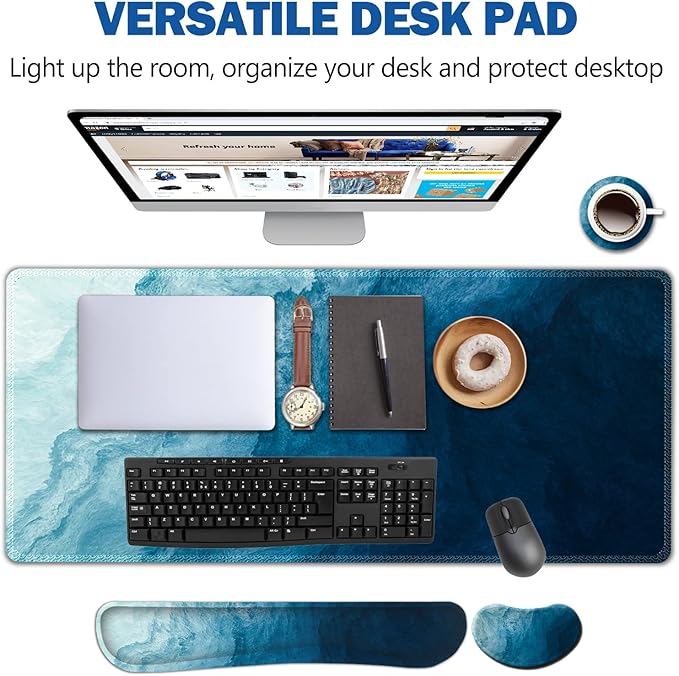 AIMSA Large Gaming Mouse Pad Set, Keyboard Wrist Rest Support + Extended Mouse Pad + Mouse Wrist Cushion + Coaster, Ergonomic Memory Foam Multifunctional Desk Mat 35x15.7inch (Dark Blue Waves)