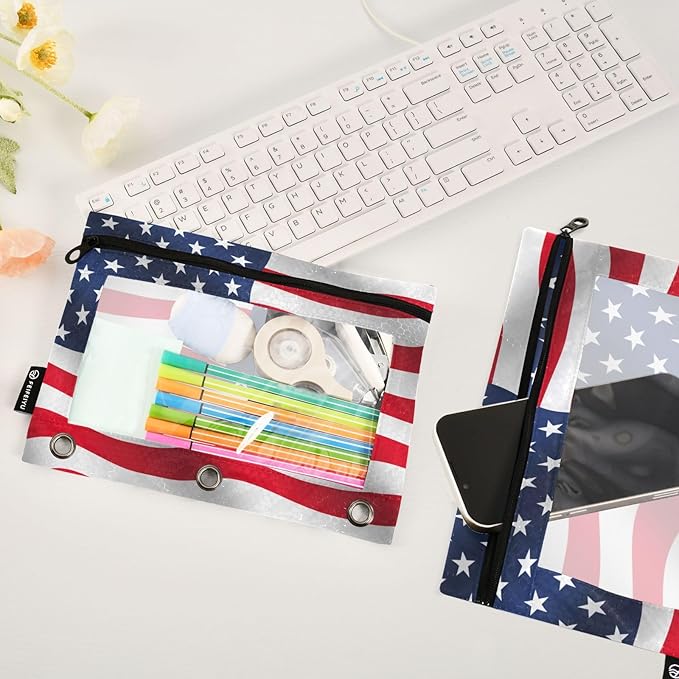 Waving USA American Flag Pencil Pouch for 3 Ring Binder, 2 Pack Waterproof Pencil Bags Clear Window Zipper School Office Supplies