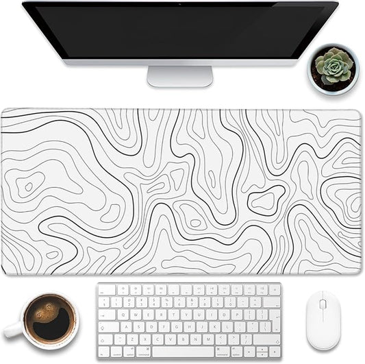 Desk Mat,White Topographic Contour Map Desk Pad,Topographic Contour Large Gaming Mouse Pad for Desk,Extended Big Computer Keyboard Mouse Pad with Non-Slip Base and Stitched Edge,35.4"x15.7"