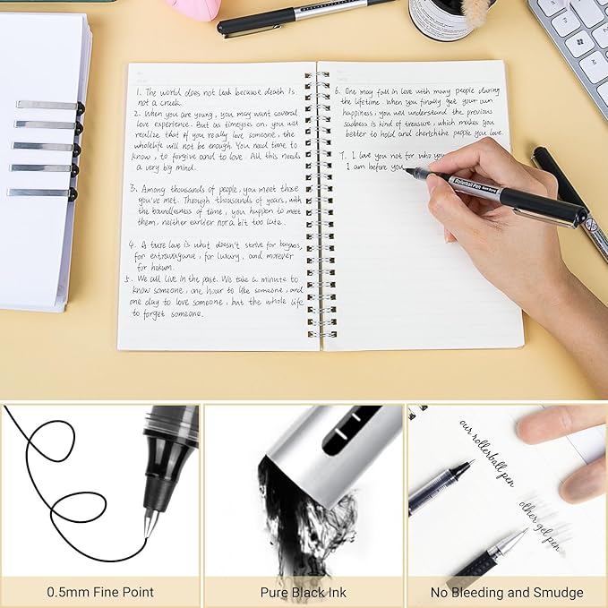Rollerball Pen Fine Point Pens: 16 Pack 0.5mm Rollerball Pen, Extra Fine Point Pens, Black Fine Tip Liquid Gel Ink Pen Set for Writing, Note Taking, Signature, Office, Journaling, School Supplies