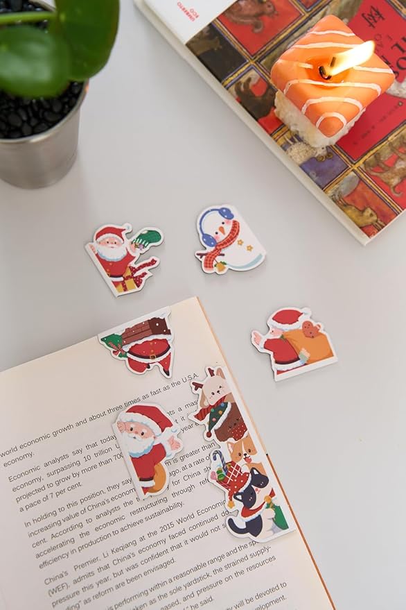 5pcs/Set Cute Magnetic Bookmark, Funny Peeping Santa Claus Kawaii Animals Book Marker Clip for Teachers, Students, Book Lovers Christmas Gifts, Printing on 2 Side (Santa Claus)
