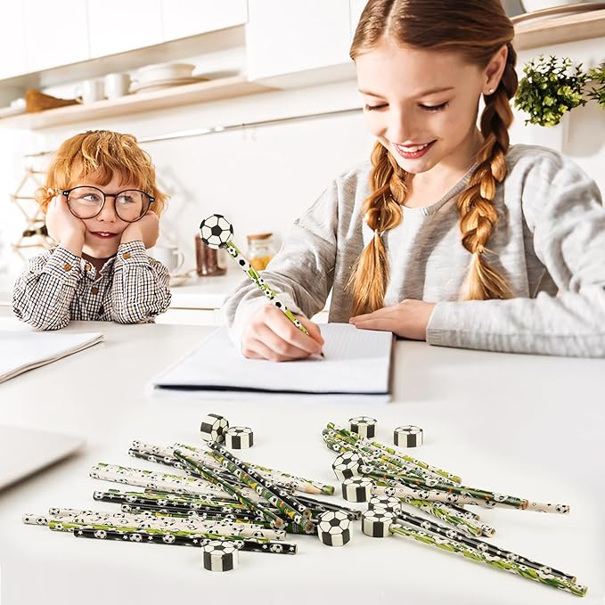 48 Pcs Soccer Pencils and Erasers for Sports Birthday Gifts Assortment Stationery Pencils for Students Office School Classroom Supplies