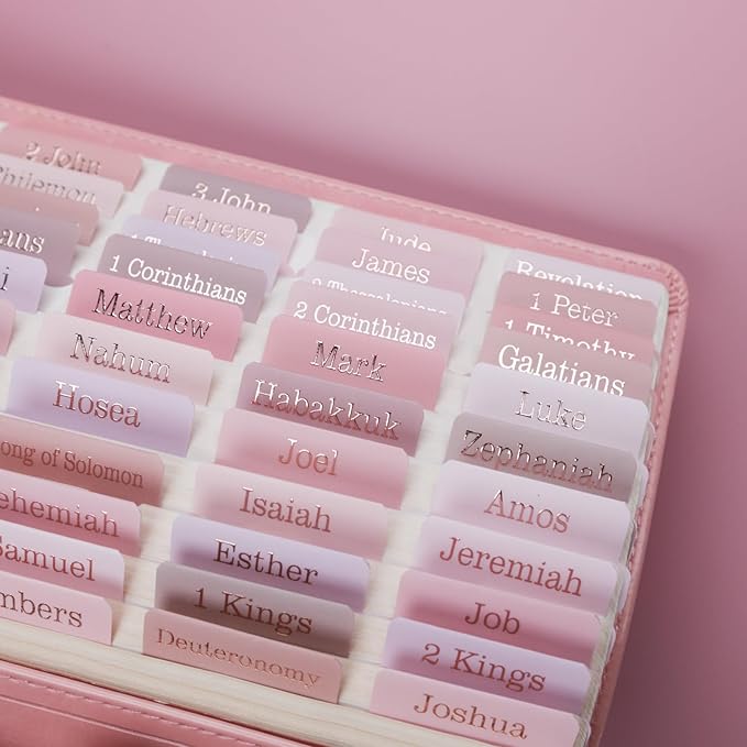 UPAFEXXI-Laminated Bible Tabs (Rose Gold Foil Embossed Lettering), Bible Tabs for Women and Men, Reposition Large Print Stickers, Easy to Read and Apply, 80 Chapters Labels for Easy Navigation(Pink)