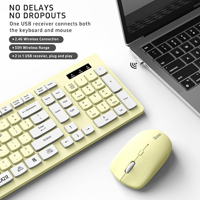 Wireless Keyboard and Mouse Combo, Full-Sized Wireless Keyboard and Adjustable DPI Mouse, 2.4GHz USB Receiver, Keyboard and Mouse for PC, Windows, Desktop, Laptop (Canary Yellow)