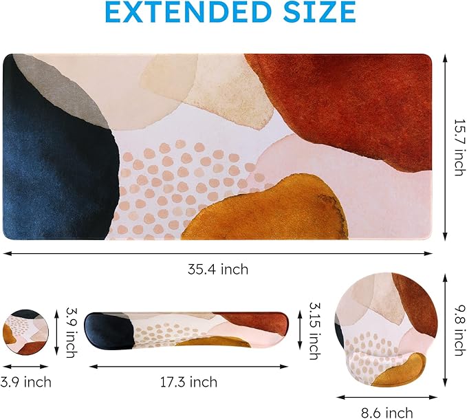 iCasso Desk Mat, Gaming Mouse Pad Wrist Support Set,4in1 XXL Large Mousepad + Keyboard Wrist Rest+Mouse Wrist Rest+Coaster Set with Ergonomic Design for Home Office Table Computer-Color Block