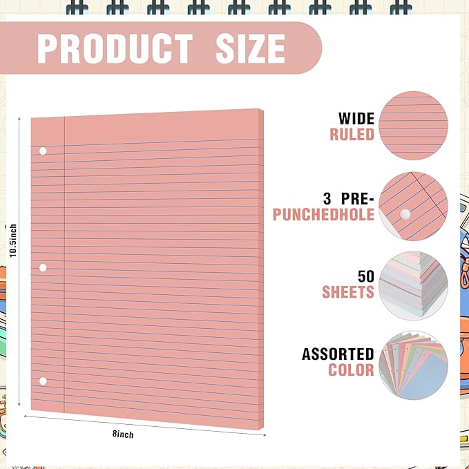PerKoop 12 Pack 600 Sheets Colored Lined Paper Bulk Wide Ruled 8 x 10.5 Inches, Pastel Loose Leaf Notebook Paper 3 Hole Punched Filler for Back School Classroom Supplies(Boho Color)