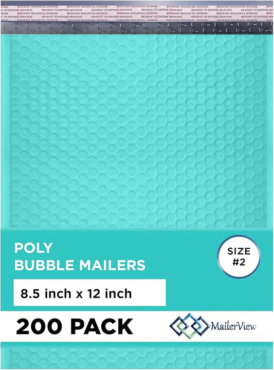 Teal Poly Bubble Mailers 8.5x12 inch #2 | Self Seal Padded Envelopes | Cushioned Bubble Mailer | Usable Size 8.5x11 | Water Proof | Lightweight mailing Shipping Bags | 200 Pack Bulk
