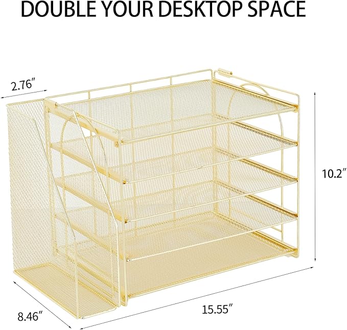 AUPSEN Gold Desk Accessories Organizer,5-Tier Letter Tray Paper Organizer with Adjustable File Holder, Desktop Office Desk Accessories for Office Supplies