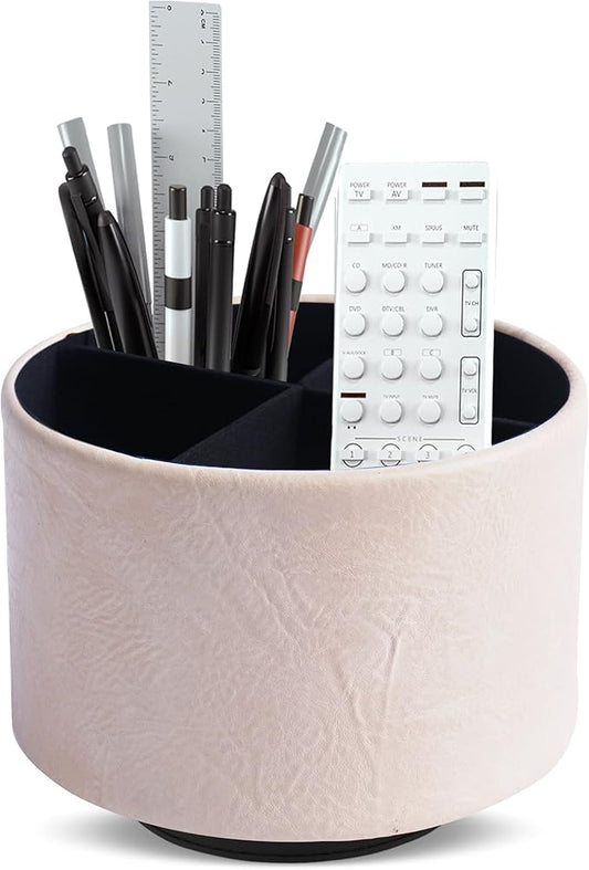 Hennaja Round Leather Art Supply Organizer,Remote Control Holder,360 Degree Spinning,Multi-Functional Pencil Holder,4 Compartments Desktop Stationary Organizer(1-Crazy White)