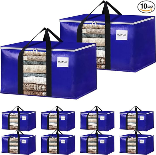 BlissTotes 10 Pack Moving Bags with Clear Window, Storage Bags with Strong Carrying Handles & Zippers,Large Packing Bags for Saving Space, Alternative to Moving Boxes(Blue,20 Gallon)
