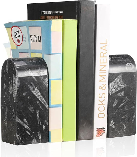 Koville Moroccan Natural Marble Bookends for Shelves, Decorative Book Ends, 7lbs Heavy-Duty Marble Book Holders, Bookshelf Apartment Decor for Normal Books/CD/Video Games(Black Fossil)
