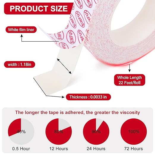 Double Sided Foam Tape Heavy Duty, Removable Damage Free Adhesive Tape, Residue Free Tape Picture Hanging Adhesive Strips Suitable for Indoor and Outdoor Installation Home Office(1.18" x 22Ft)