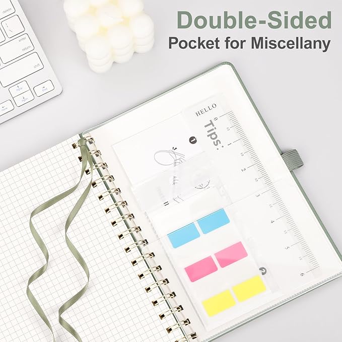 AHGXG Graph Paper Notebook - Spiral Notebook Hardcover Leather Journal 140 Pages, A5 Grid Paper Notebook 5.7" x 8.3", 100 gsm Thick Paper, for School Writing Graphing Engineering, Sage Green