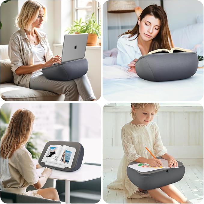 elitehood Bean Bag Laptop Lap Desk, Soft Cushion Stand for Book, Laptop, Tablet, Book Pillow Holder for Reading in Bed, Lap Desk Ideal for Working, Writing and Relaxation on Bed, Couch, Recliner, Gray